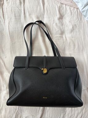 Pixie Mood Black Pebbled Vegan Leather Lock Tote with Gold Hardware